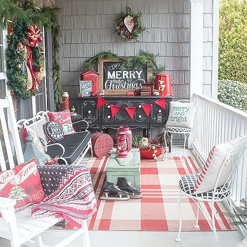 Christmas Door Mat Outdoor 4' x 6' Red and White Plaid Rug Christmas Decor Rug Cotton Hand-Woven Layered Door Mats Washable Carpet for Front Porch, Kitchen, Farmhouse, Entryway - color: Red&white Plaid, size: 4' x 6' (Rectangular)