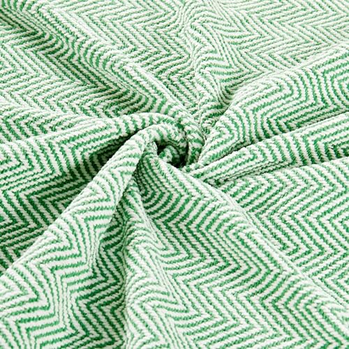 Herringbone Knitted Two Tone Throw Blankets with Braided Tassel Fringe, Boho Farmhouse Lightweight Turkish Throw Blanket for Couch Bed Sofa, Picnic, Yoga, Outdoor Blanket, 50 x 60 Inch, Green - color: Green