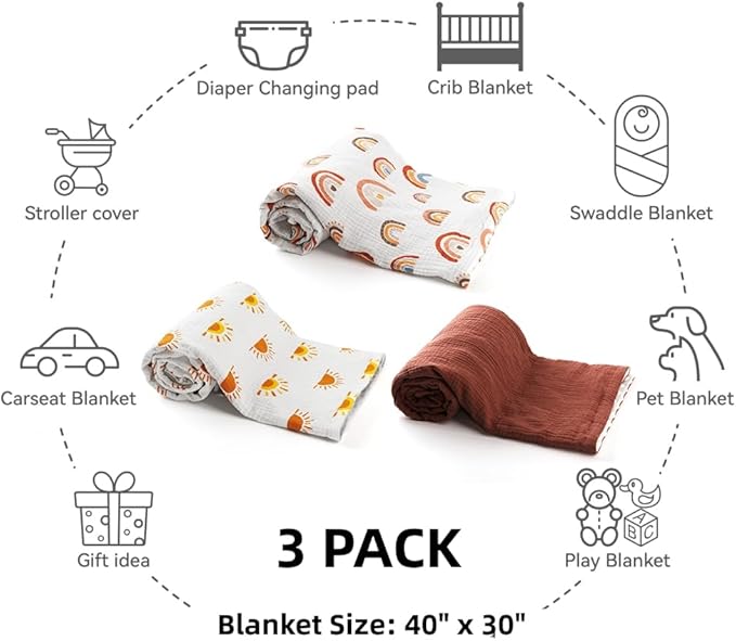 3 Pack Soft Boho Baby Gender Neutral Blankets for Newborn Baby Girls or Boys Unisex Nursery Toddler Baby Throw Blanket Double Layer Blankets with Dotted Backing Sun Rainbow Printed (Boho)