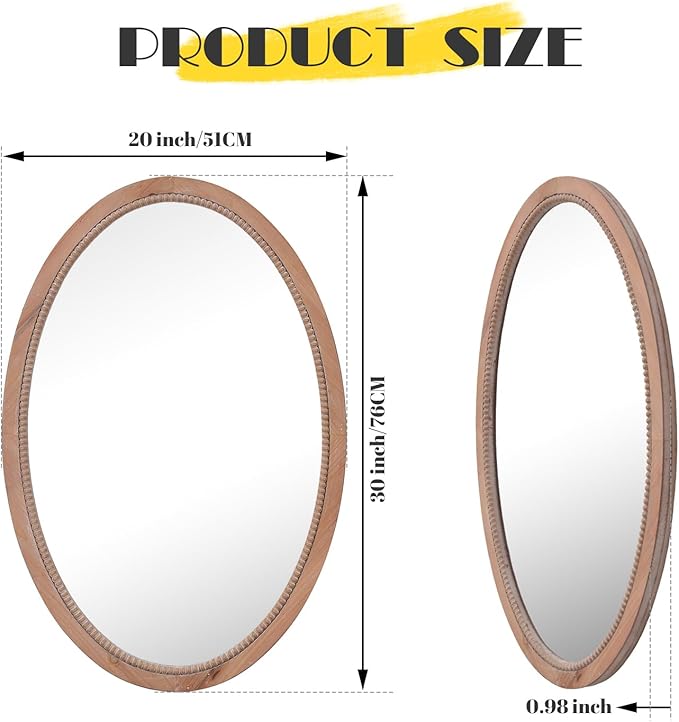 sawsile Oval Wood Mirror,20x30 inch Rustic Farmhouse Natural Wooden Frame Boho Beads Wall Mirror for Bathroom,Living Room,Bedroom or Entryway