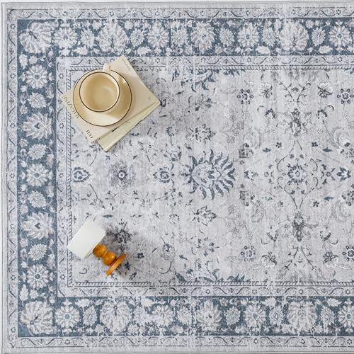 PureCozy 2x3 Area Rug Blue Washable Entryway Vintage Carpet Door Mat Small Non Slip Stain Soft Resistant Low Pile Thin Boho Accent Indoor Throw Rug for Kitchen Bathroom Entrance Bedroom - color: Oriental Blue, size: 2' x 3' (Rectangular)