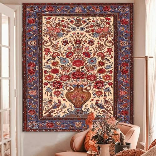 Atrippy Vintage Boho Floral Tapestry Wall Hanging, Large Persian Flower Wall Art Tapestries Bedroom Aesthetic, Bohemian Indian Decorative Decor for Living Room Dorm 51×60 Inches - color: A- Red Flowers Vintage Tapestry, size: 60"L x 51"W