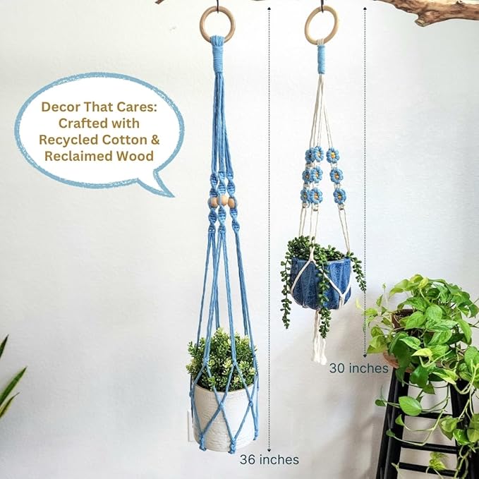 Set of 2 Macrame plant hanger with Daisies & Beads | Hanging plant holder Macrame Plant hangers outdoor and indoor hanging planters Plant stand indoor Boho Decor hanging planter stand (Cloudy Day)