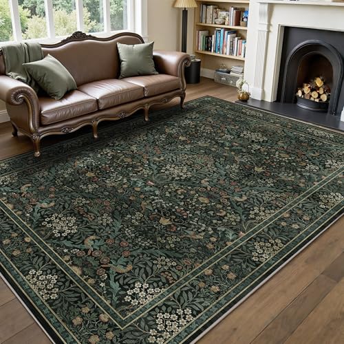 5x7 Floral Washable Area Rug for Living Room, Vintage Boho Large Rug for Bedroom Dining Room， Distressed Botanical Birds Non Slip Low Pile Forest Animal Throw Carpet for Farmhouse Office, Dark Green - color: Dark Green, size: 5' x 7' (Rectangular)