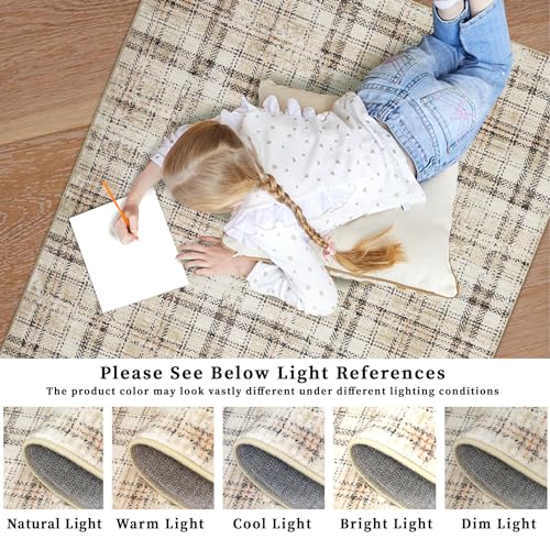 Garvee Washable Area Rugs 9x12 Living Room Rug Tartan Plaid Non Slip Soft Bedroom Rugs Farmhouse Low Pile Foldable Large Rug Stain Resistant Carpet for Nursery Dining Room Classroom, Beige - color: Plaid|beige, size: 9' x 12' (Rectangular)