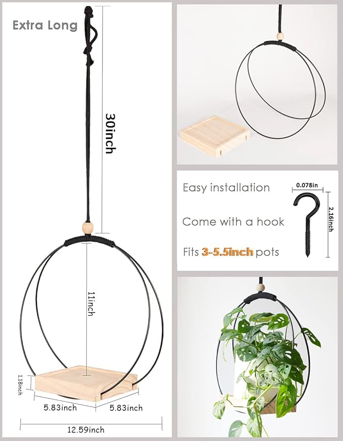 Plant Hanger with Wood Base - Boho Macrame Hanging Plant Holder for Indoor Plants Hanging Planter for Wall /Window/Room Decor Black (Pot & Plant Not Included)