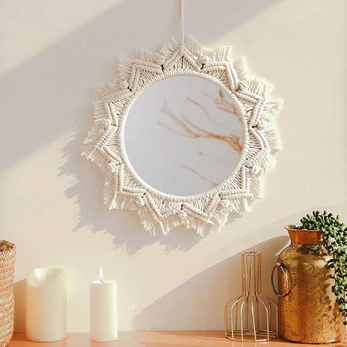 Artilady Macrame Hanging Wall Mirror - Boho Fringe Round Handmade Decorative Acrylic Mirror for Apartment Living Room Bedroom Baby Nursery Home Decor (Round)