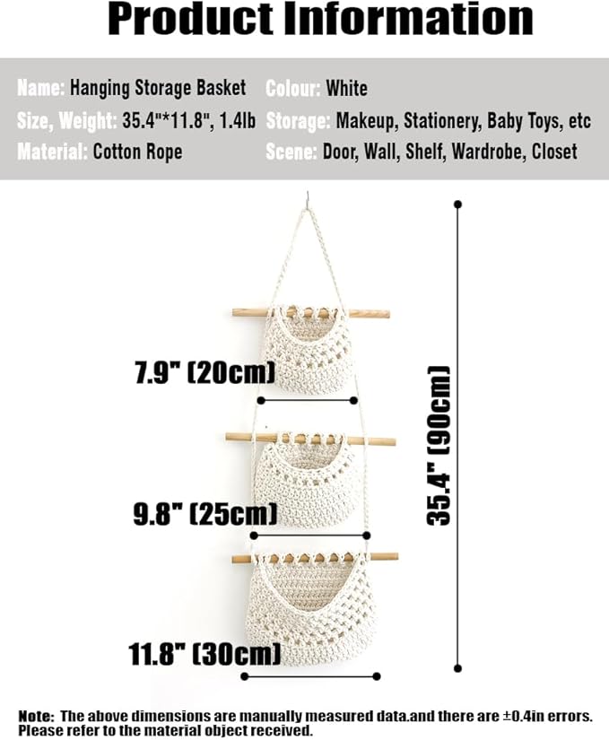 AARAINBOW Wall Cotton Hanging Baskets, Large 3 Tier Decorative Wall Basket, for Nursery, Boho Kitchen Decor - Cotton Rope Fruit basket (White)