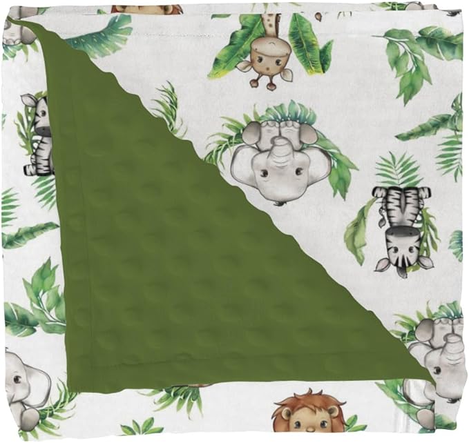 Cute Jungle Safari Animals Green Tropical Leaves Baby Blankets for Girl Boy Lion Giraffe Elephant Zebra Soft Mink Dotted Backing Double Layer Swaddle Blanket Bed Throws for Newborn Toddler Crib 30x40