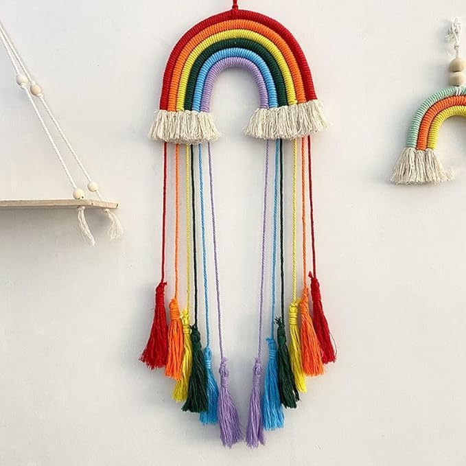 Rainbow Macrame Wall Hanging - Hand-Woven Cotton Tassel Tapestry Decor for Baby Room, Nursery, and Home Decor (Red Rainbow)