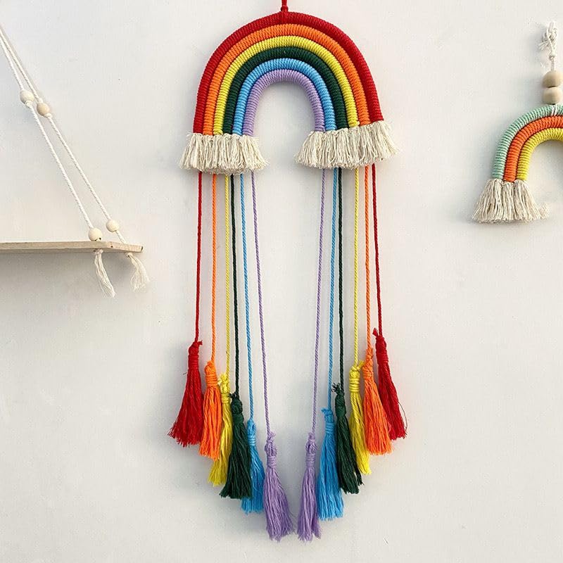 Rainbow Macrame Wall Hanging - Hand-Woven Cotton Tassel Tapestry Decor for Baby Room, Nursery, and Home Decor (Red Rainbow) - color: Red Rainbow