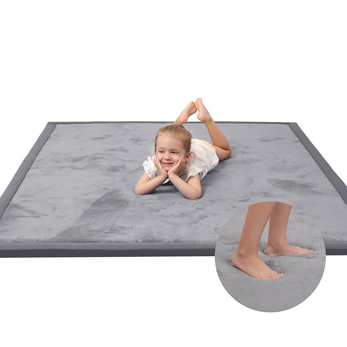 Baby Play Mat for Floor,1.3" Thick Memory foam Tummy Time Mat,Soft Coral Velvet Nursery Rug,Extra Large Non Slip Crawling Mats for Living Room(Dark Gray)