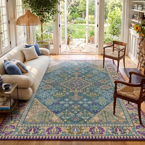 9x12 Area Rugs for Living Room, Machine Washable Low Pile Rug, Non Slip Backing Boho Rugs for Bedroom, Printed Soft Vintage Carpet Teal Green Purple 9 x 12 - color: 15/Teal/Harvest Gold/Violet/Azure, size: 9' x 12' (Rectangular)