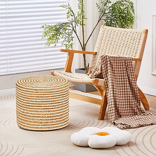 Wimarsbon 18'' Ottoman Pouf, Natural Braided Poof, Rustic Handweave Lounge Pouffe, Boho Footrest Stool for Bedroom, Accent Table or Seat for Living Room (Natural Water Hyacinth + White Cotton Rope) - color: 18inch Natural Water Hyacinth + White Cotton Rop