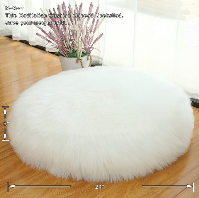 Asuprui Unstuffed Floor Pillow Meditation Cushion No Filler Large Floor Cushion for Sitting Fluffy Floor Seat Fuzzy Oversized Seat Pillow for Adult 24X24X6 Inches White Round Cover ONLY