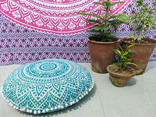 CRAFT KALA Mandala Floor Pillow Cushion Cover Seating Throw Cover Hippie Decorative Bohemian Ottoman Poufs Pom Pom Pillow Cases Boho Indian Cotton Living Room Yoga Home Décor (24" Round, Green Ombre) - color: Green Ombre, size: 24" x 24" (Pack of 1)