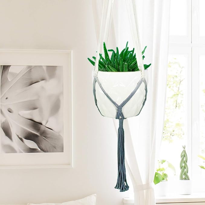LIVALAYA Macrame Plant Hangers Wall Planter - Grey Ombre 48 Inch, Indoor or Outdoor Cotton Rope Hanging Plant Holder for Flower Pots - Modern Boho Home Décor, US Brand