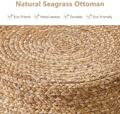 Wimarsbon 2Pcs Pouf Ottomans, Natural Seagrass Foot Stool, Hand Weaving Round Ottoman, Boho Decorative Seat, Jute Braided Pouffe Poof Accent Sitting Footrest for Living Room (White)