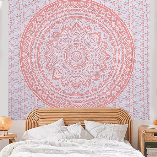 FURNISHFUL FINESSE Handmade Cotton Mandala Wall Tapestry - Rose Gold Ombre Boho Wall Decor, Indian Boho Bohemian Hippie Cute Room Hanging for Girly Bedroom, Dorm & Living Room Aesthetic - 54x84 Inches, Rose Gold - color: Rose Gold, size: 84"L x 54"W