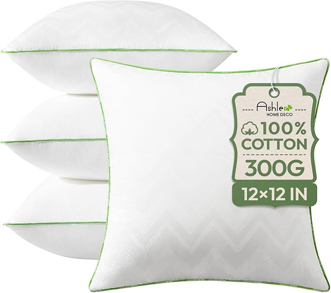 Ashler Throw Pillow Inserts (Pack of 4, White), 12 x 12 Inches Pillow Inserts with 100% Cotton Cover, Indoor Decorative Pillows Inserts for Couch Sofa and Bed