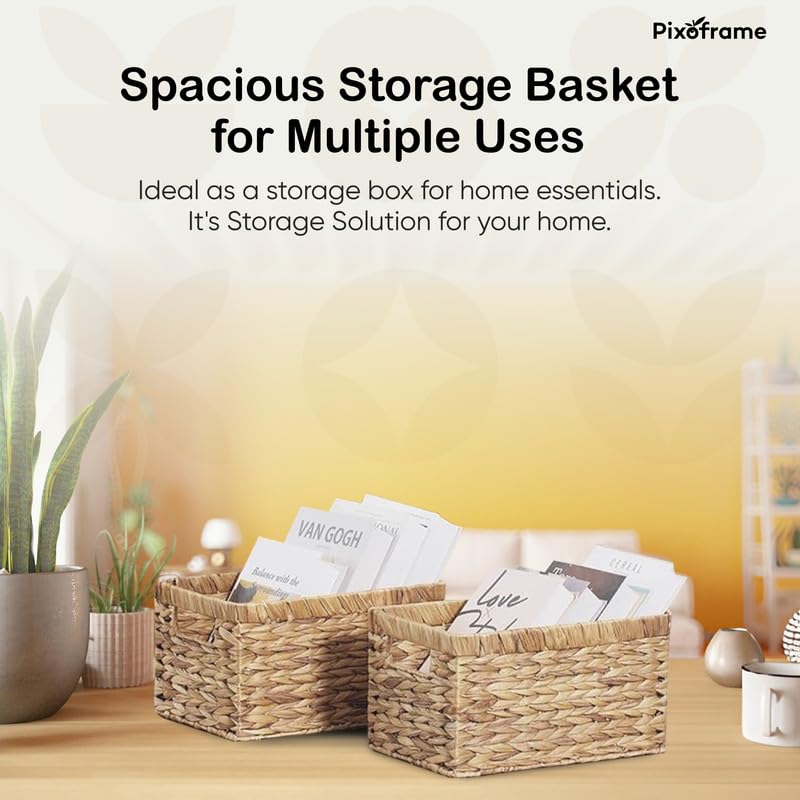Large Rectangular Handwoven Wicker Basket - Natural Water Hyacinth Storage Baskets with 2 Built-in Handles - Ideal for Towel, Blankets, and Home Organizer & Decor - 15"x 11"x6.75" - Brown - size: 15Dx11Wx6.75H