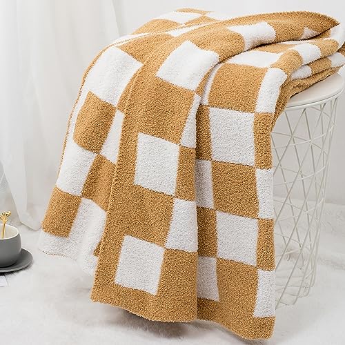 Carriediosa Checkered Throw Blanket 50" X 60", 400GSM Ultra Soft Microfiber Fuzzy Fluffy Reversible Cute Preppy Knitted Blankets Cozy Plush Fall Throws for Couch, Bed, Sofa, Tan Brown - color: Check - Tan Brown, size: 50" X 60"