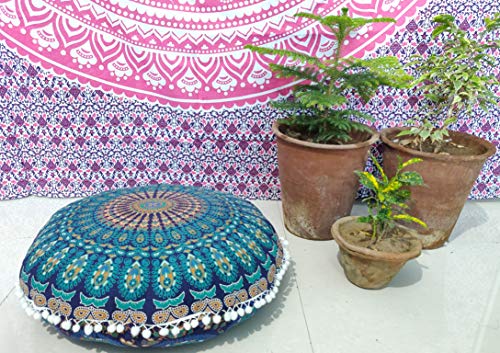INDIAN CRAFT CASTLE 24" Blue Peacock Mandala Barmeri Large Floor Pillow Cover Cushion Meditation Seating Ottoman Throw Cover Hippie Decorative Zipped Bohemian Pouf Ottoman Pom Pom Cases 24" Round - color: Green, style: 24 Inch Round