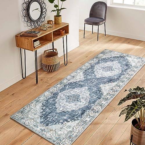 MUJOO Hallway Runner Rug Machine Washable Runner Rugs Non Slip Boho Blue Grey Runner Rug for Hallways Entryway Kitchen Bathroom Bedside Retro Soft Low-Pile 2'x6' Blossom - color: Blue Grey, size: 2' x 6' (Rectangular)