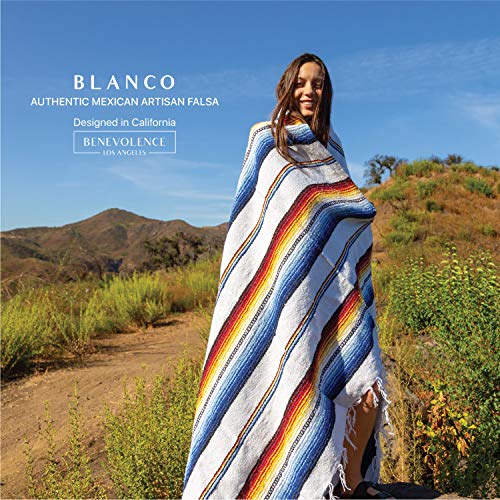 Benevolence LA Authentic Handwoven Mexican Blanket - Yoga & Outdoor, Saddle, Beach, Picnic & Car Blanket - 75 x 52 - Blanco - color: Blanco