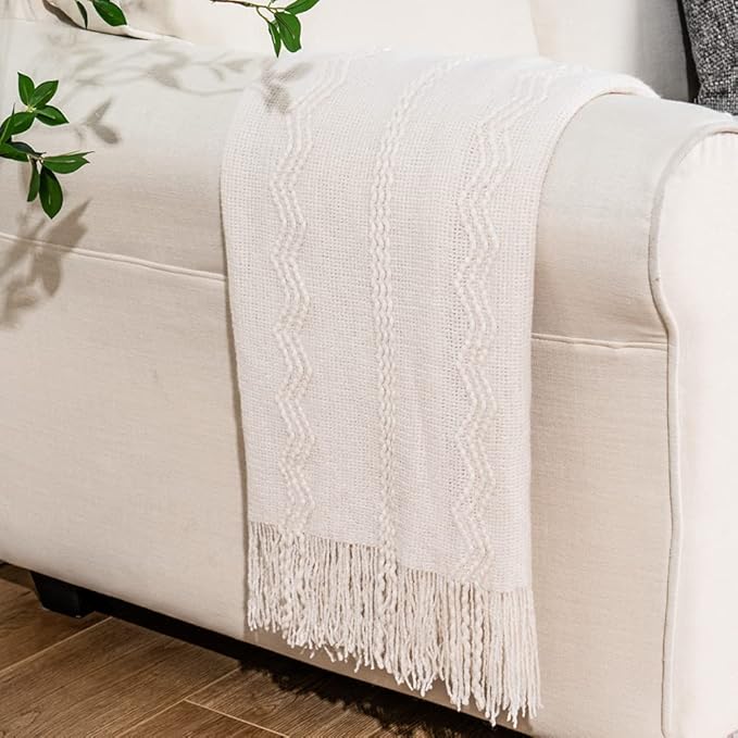 BATTILO HOME Cream Throw Blanket for Couch, Bedroom Decor Boho Throw Blanket, Decorative White Blanket Throw for Sofa Living Room, 50"x60"