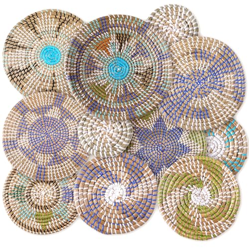 Tatuo 11 Pcs Boho Wall Basket Decor Bulrush Woven Wall Hanging Art Round Farmhouse Rustic Handmade Wicker for Summer Home, Bedroom, Living Room, Kitchen Decorations, Multi Sizes(Multicolour) - style: Multicolour
