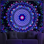 Amonercvita Blacklight Tapestry Trippy Mandala Tapestries UV Reactive Galaxy Stars Tapestry Psychedelic Neon Tapestries Wall Hanging Hippie Black Light Poster for Bedroom - size: 70.8"L x 92.5"W