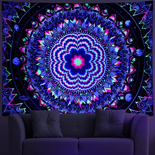 Amonercvita Blacklight Tapestry Trippy Mandala Tapestries UV Reactive Galaxy Stars Tapestry Psychedelic Neon Tapestries Wall Hanging Hippie Black Light Poster for Bedroom - size: 51.2"L x 59.1"W