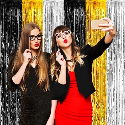 4 Pack Black Gold Silver Foil Fringe Curtain Backdrop, 3.28Ft x 8.2Ft Metallic Tinsel Foil Fringe Streamers for Photo Booth, Wedding, Notorious One Birthday Roaring 20s Graduation Party Decoration - color: Black,Gold,Silver