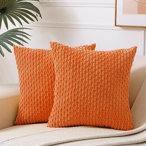 Fancy Homi 2 Packs Orange Fall Decorative Throw Pillow Covers 18x18 Inch for Couch Living Room Bed Sofa, Halloween Pumpkin Autumn Home Decor, Soft Cute Plush Corduroy Striped Cushion Case 45x45 CM - color: Orange, size: 18" x 18" (Pack of 2)