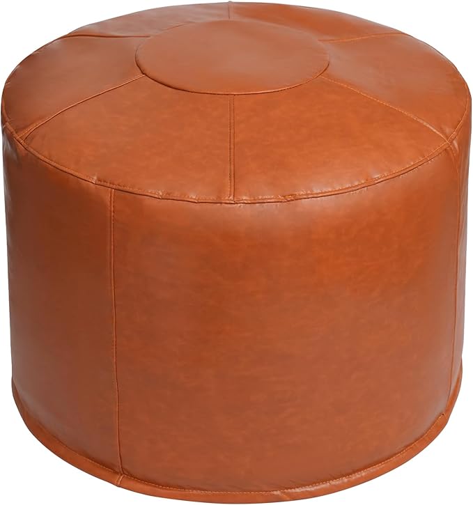 Unstuffed Ottoman Pouf Cover 20 X 15 Inch, Round Pu Leather Foot Stool, Floor Bean Bag(No Filler), Foot Rest with Storage for Living Room/Bedroom/Office, Orange