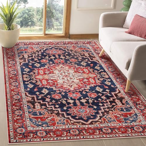 Amearea Vintage Design Area Rugs for Living Room, 4x6 Machine Washable Floral Collection Traditional Bedroom Rug, Low Pile Dinning Room Carpet, No Slip Office Kitchen Home Decor, Red and Blue - color: Red/Blue, size: 4' X 6' (Rectangular)