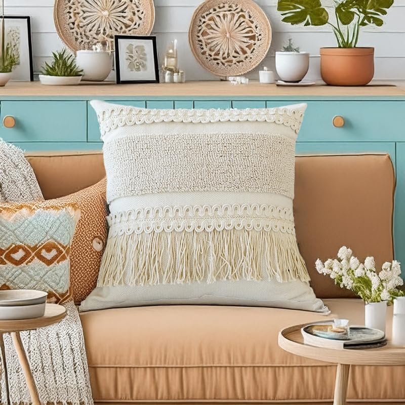 Handwoven Tufted Throw Pillow Cover with Tassels Boho Decorative Cushion Case for Couch Sofa Living Room Bedroom Home Decor - color: 1-003 Hand Woven Tufted Pillowcase