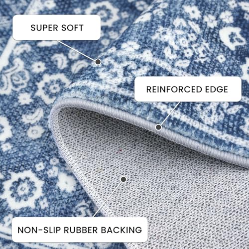 Vintage Washable Rug 2x3, Denim Blue White Small Area Rugs for Entryway, Floral Super Soft Kitchen Rugs, Throw Rugs Indoor Door Mat Thin Print Faux Wool Carpet for Entrance, Office, Farmhouse - color: Denim Blue and White, size: 2' x 3' (Rectangular)