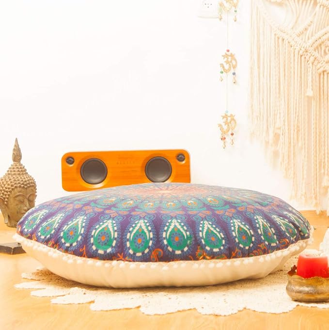 Mandala Life ART Bohemian Yoga Décor Floor Cushion Cover - Round Mediation Pillow Case - Hand Printed Organic Cotton Pouf (Pouf Cover 30", Blue Peacock)