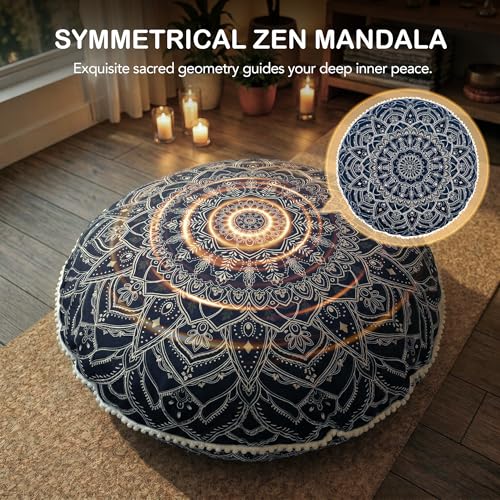 Codi Meditation Cushion for Adults - 32" Large Floor Pillow with Supportive Shredded Memory Foam - Round Zabuton with Washable Cover, Bohemian Mandala Seating for Yoga and Mindfulness, Black - color: Black, size: 1 Count (Pack of 1)