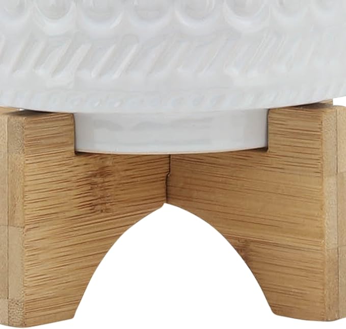 Tribal Look Footed Decorative Planter Pot – Ceramic Stoneware Outdoor and Indoor Plant Pot – Modern Garden and Home Decor Ceramic Planters with Wooden Stand– 8", White