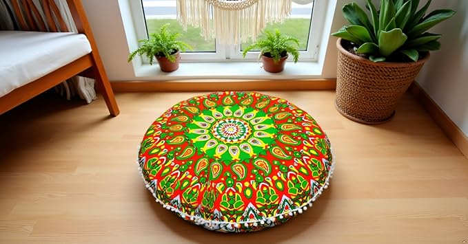 Large Round seat Floor Cushion Chair Ottoman Cover Pouf Pillow Meditation Floor Cushions for Adults Seating pouffe Ottoman Throw Covers Craft Room Furniture for Sitting Cover 22 Inches (Green Red)