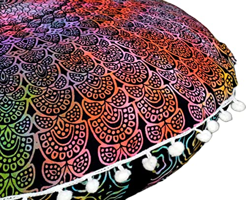 Round Mandala Floor Pillow Cover Seating Cushion Throw Cover Hippie Decorative Bohemian Ottoman Pouf Cover, Pom Pom Pillow Cases,Boho Indian 22 Inches (Multi Peacock) - color: Multi Peacock