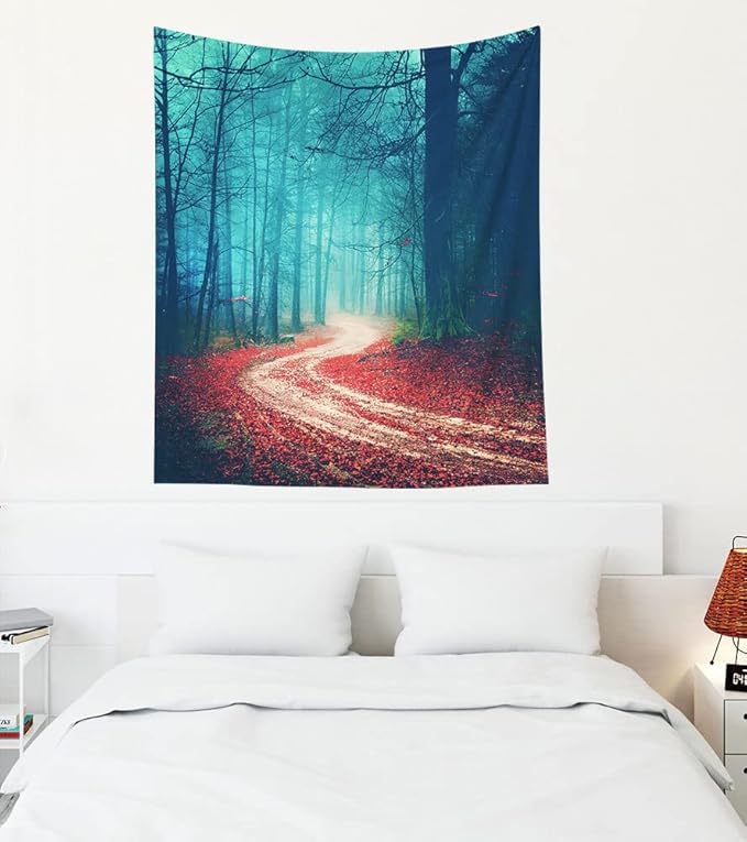 EMMTEEY Foggy Forest Tapestry Autumn Forest Road Red Leaves Boy Tapestry for Bedroom 50X60 Tapestry Present for Friends Families