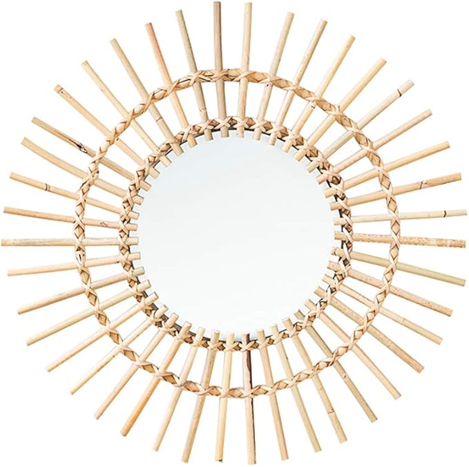 OYPEIP 22" Large Natural Rattan Sunburst Bohemian Hanging Glass Decor,Rustic Handwoven Innovative Art Decoration Round Makeup Mirror for Dressing Living Room Bedroom Bathroom Corridor,Entryway