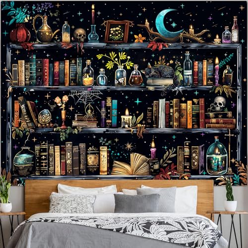 Accnicc Magic Bookshelf Tapestry Magical Witchy Potion Dark Hippie Haloween Tapestries Wall Hanging Gothic Skull Black Cat Library Book Large Tapestry for Bedroom Living Room Dorm 90 x 68 inch - color: Blue, size: 90"L x 68"W