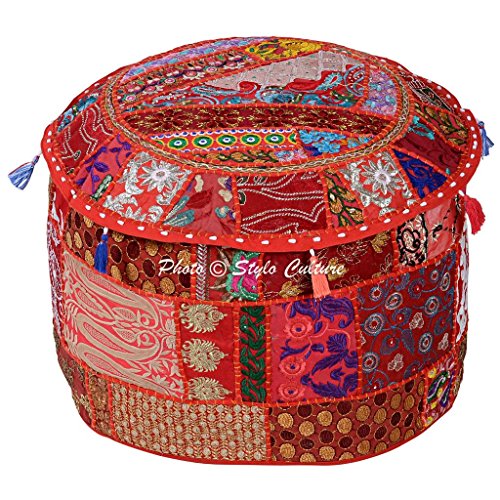 Round Ethnic Cotton Patchwork 45 cm Embroidered Ottoman Stool Pouf Cover Red Floral Bean Bag Foot Rest Indian Decor Living Room - color: Red
