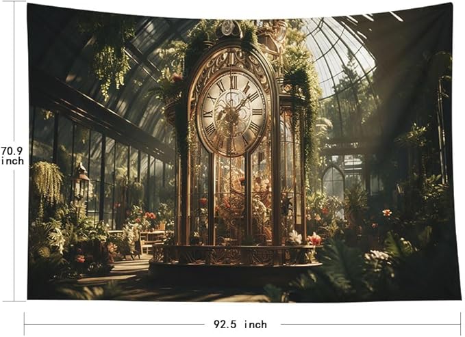 EMMTEEY Gothic Garden Funny Tapestry 92.5X70.9 Inch - Flowers Vintage Clock Home Wall Decor Medieval Forest Backdrop for Dorm Classroom
