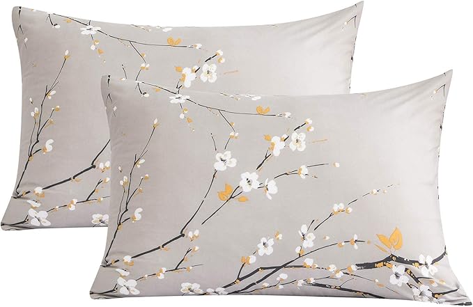 NANKO Floral Pillow Case Set (2 Pack), Tan Gray Plum Blossom Flower Pattern Printed Pillowcases/Pillow Shams - 20x30 inch Standard Queen Size